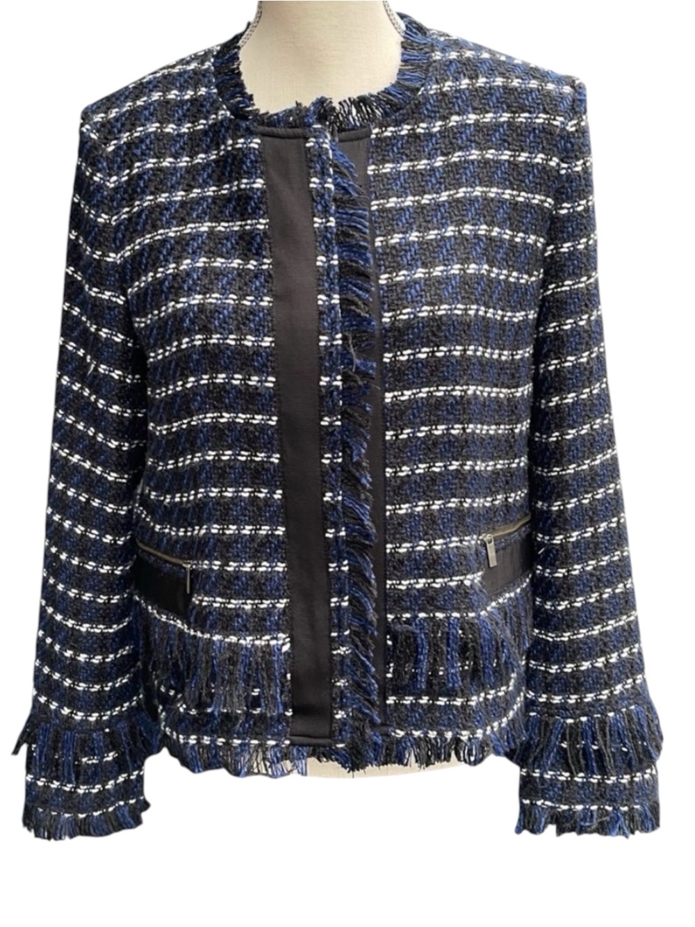 Halogen Black/Blue Tweed Fringe Zip Front Textured Blazer Jacket (M)